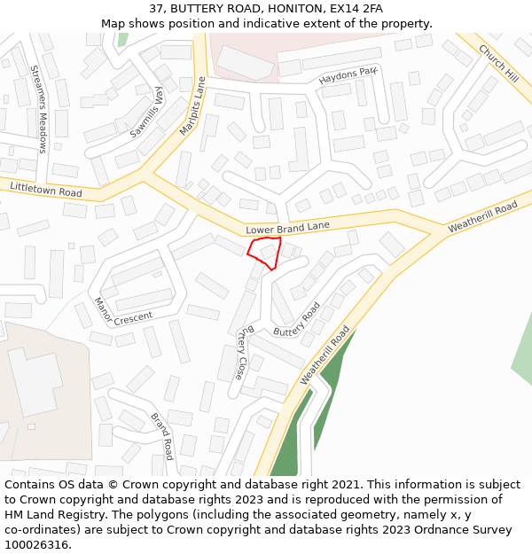 37, BUTTERY ROAD, HONITON, EX14 2FA: Location map and indicative extent of plot