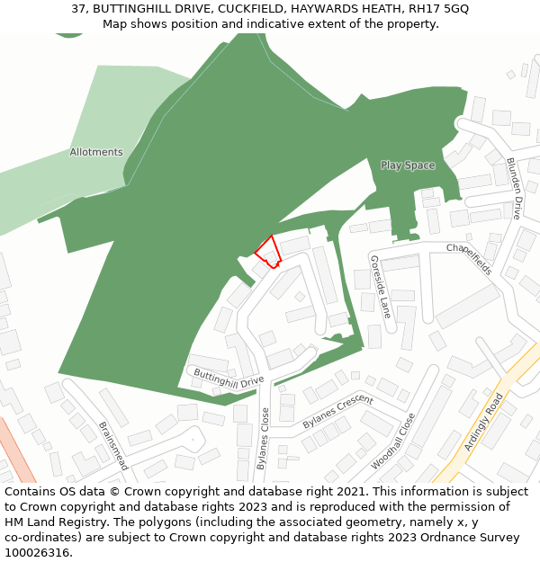 37, BUTTINGHILL DRIVE, CUCKFIELD, HAYWARDS HEATH, RH17 5GQ: Location map and indicative extent of plot