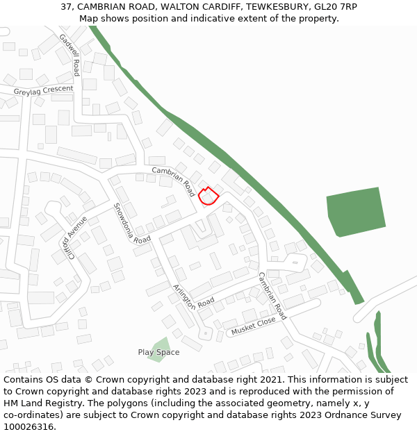 37, CAMBRIAN ROAD, WALTON CARDIFF, TEWKESBURY, GL20 7RP: Location map and indicative extent of plot