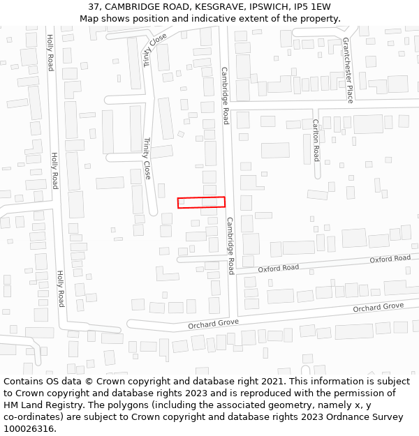 37, CAMBRIDGE ROAD, KESGRAVE, IPSWICH, IP5 1EW: Location map and indicative extent of plot