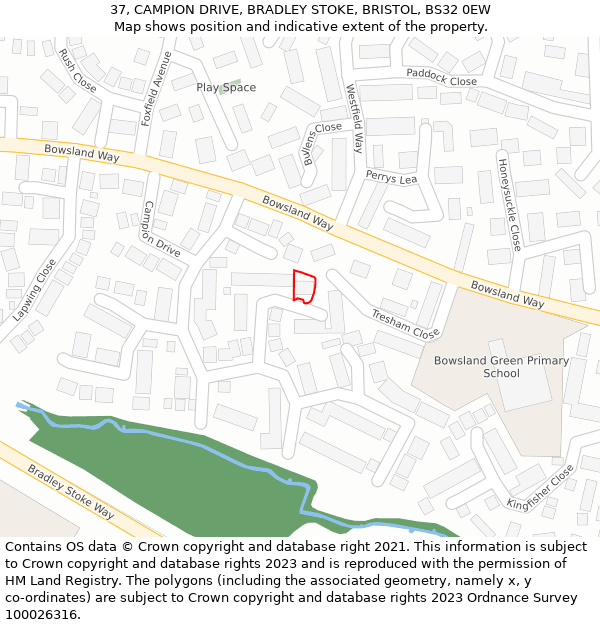 37, CAMPION DRIVE, BRADLEY STOKE, BRISTOL, BS32 0EW: Location map and indicative extent of plot