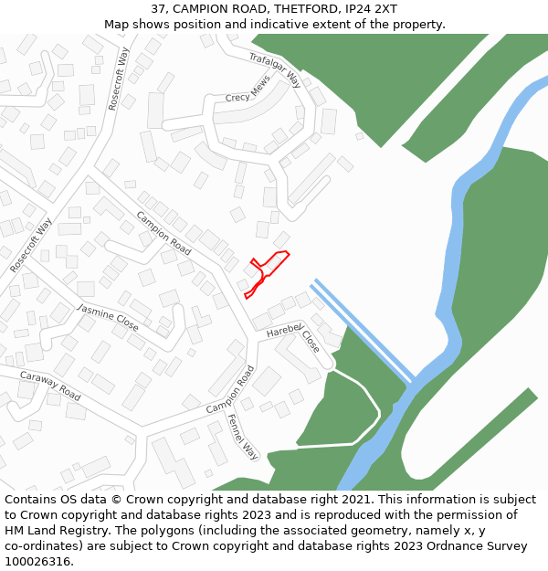 37, CAMPION ROAD, THETFORD, IP24 2XT: Location map and indicative extent of plot