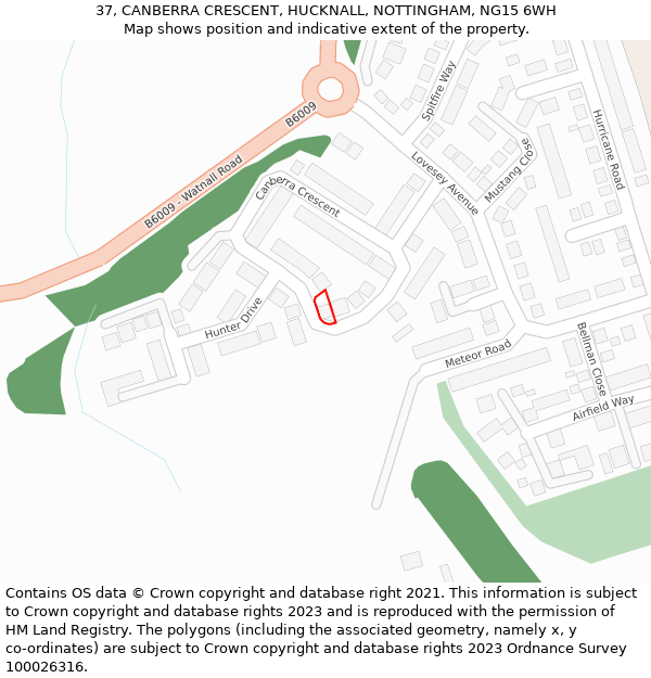 37, CANBERRA CRESCENT, HUCKNALL, NOTTINGHAM, NG15 6WH: Location map and indicative extent of plot