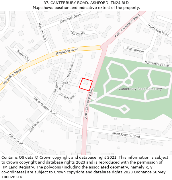 37, CANTERBURY ROAD, ASHFORD, TN24 8LD: Location map and indicative extent of plot