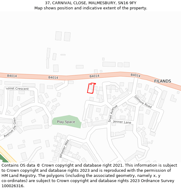 37, CARNIVAL CLOSE, MALMESBURY, SN16 9FY: Location map and indicative extent of plot