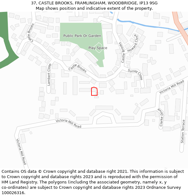 37, CASTLE BROOKS, FRAMLINGHAM, WOODBRIDGE, IP13 9SG: Location map and indicative extent of plot