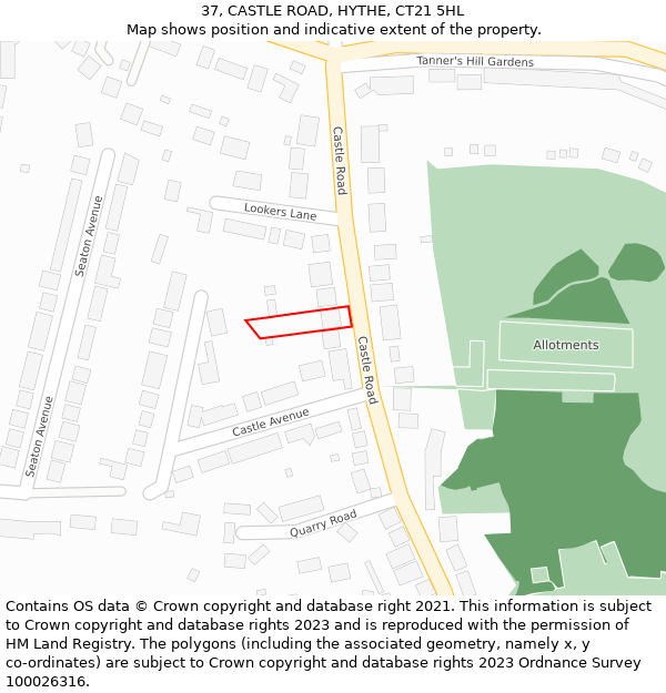 37, CASTLE ROAD, HYTHE, CT21 5HL: Location map and indicative extent of plot
