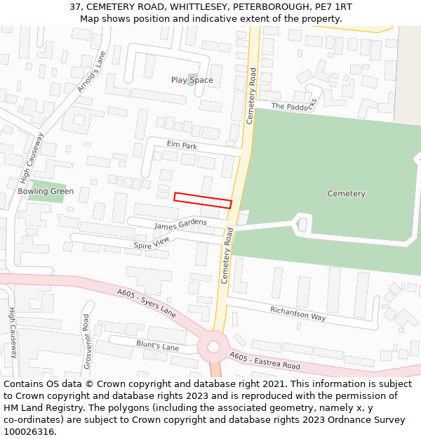 37, CEMETERY ROAD, WHITTLESEY, PETERBOROUGH, PE7 1RT: Location map and indicative extent of plot