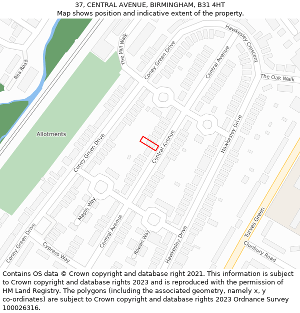 37, CENTRAL AVENUE, BIRMINGHAM, B31 4HT: Location map and indicative extent of plot