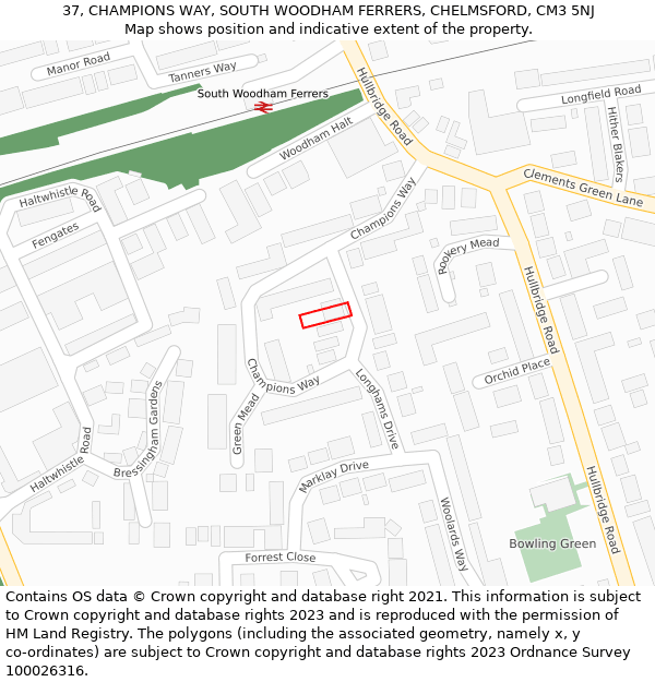 37, CHAMPIONS WAY, SOUTH WOODHAM FERRERS, CHELMSFORD, CM3 5NJ: Location map and indicative extent of plot