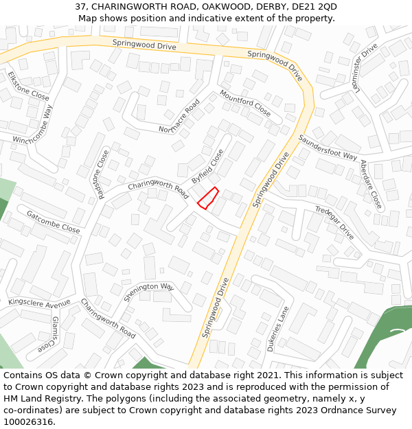 37, CHARINGWORTH ROAD, OAKWOOD, DERBY, DE21 2QD: Location map and indicative extent of plot