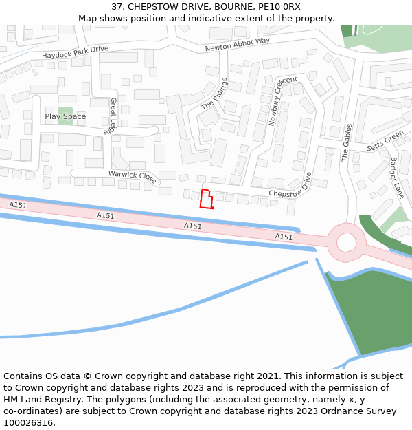 37, CHEPSTOW DRIVE, BOURNE, PE10 0RX: Location map and indicative extent of plot