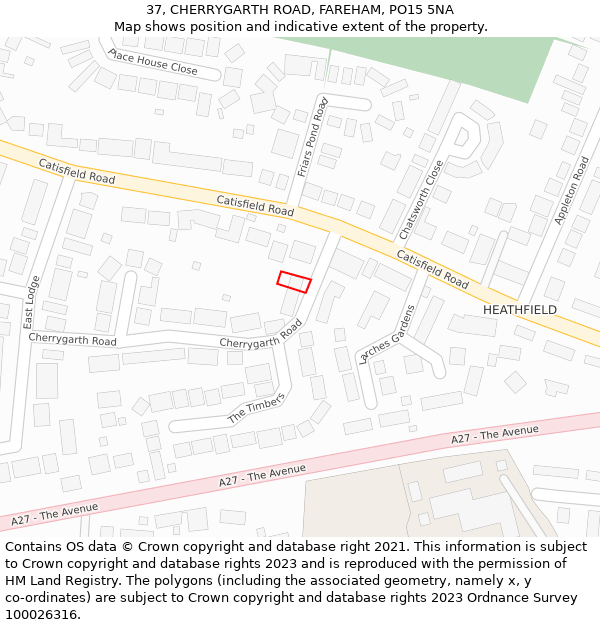 37, CHERRYGARTH ROAD, FAREHAM, PO15 5NA: Location map and indicative extent of plot