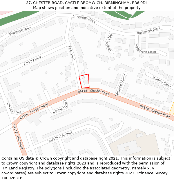 37, CHESTER ROAD, CASTLE BROMWICH, BIRMINGHAM, B36 9DL: Location map and indicative extent of plot