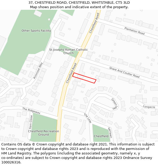 37, CHESTFIELD ROAD, CHESTFIELD, WHITSTABLE, CT5 3LD: Location map and indicative extent of plot