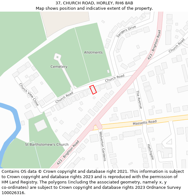 37, CHURCH ROAD, HORLEY, RH6 8AB: Location map and indicative extent of plot
