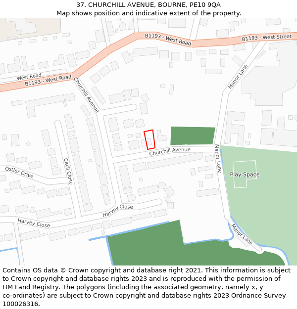 37, CHURCHILL AVENUE, BOURNE, PE10 9QA: Location map and indicative extent of plot