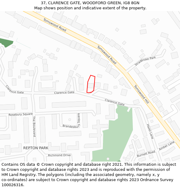 37, CLARENCE GATE, WOODFORD GREEN, IG8 8GN: Location map and indicative extent of plot