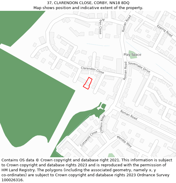 37, CLARENDON CLOSE, CORBY, NN18 8DQ: Location map and indicative extent of plot