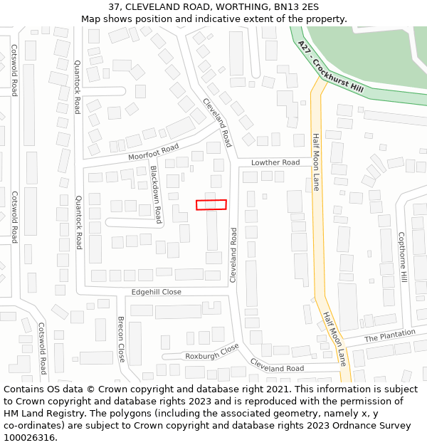 37, CLEVELAND ROAD, WORTHING, BN13 2ES: Location map and indicative extent of plot