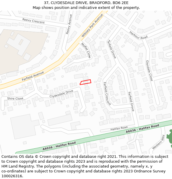 37, CLYDESDALE DRIVE, BRADFORD, BD6 2EE: Location map and indicative extent of plot