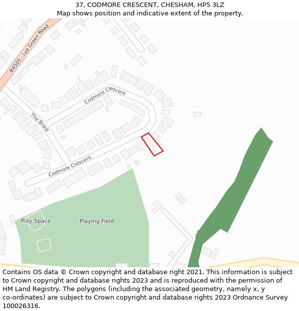 37, CODMORE CRESCENT, CHESHAM, HP5 3LZ: Location map and indicative extent of plot