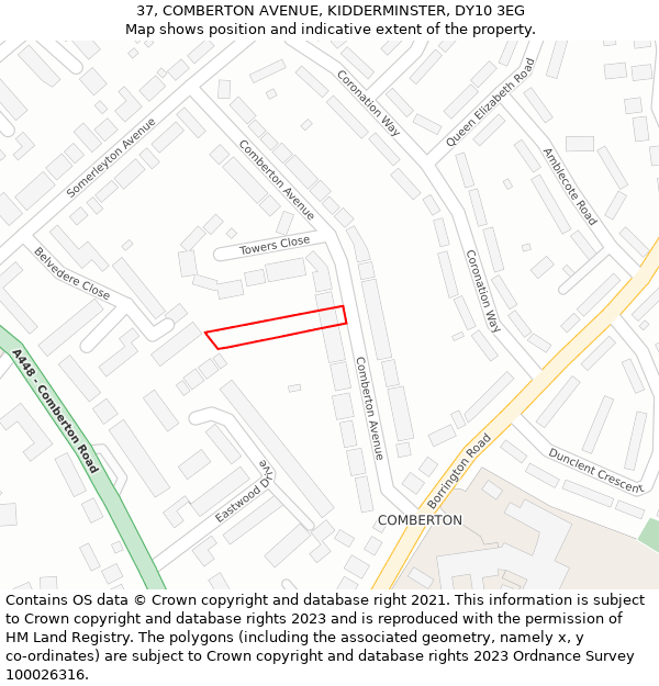 37, COMBERTON AVENUE, KIDDERMINSTER, DY10 3EG: Location map and indicative extent of plot