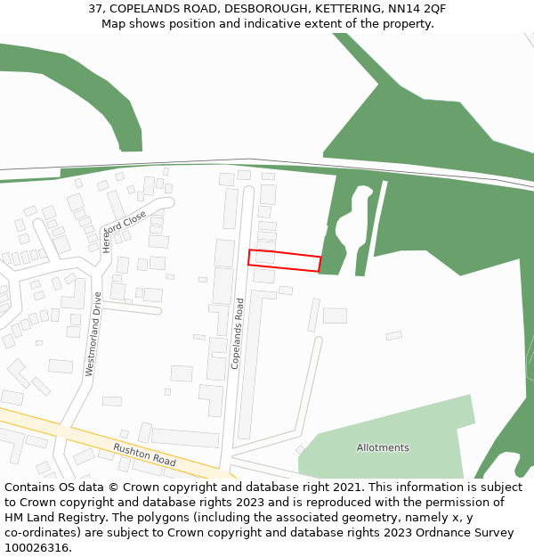 37, COPELANDS ROAD, DESBOROUGH, KETTERING, NN14 2QF: Location map and indicative extent of plot