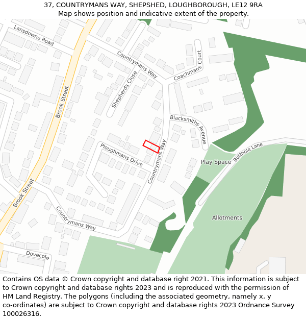37, COUNTRYMANS WAY, SHEPSHED, LOUGHBOROUGH, LE12 9RA: Location map and indicative extent of plot