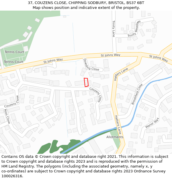 37, COUZENS CLOSE, CHIPPING SODBURY, BRISTOL, BS37 6BT: Location map and indicative extent of plot