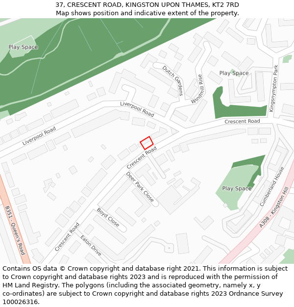 37, CRESCENT ROAD, KINGSTON UPON THAMES, KT2 7RD: Location map and indicative extent of plot