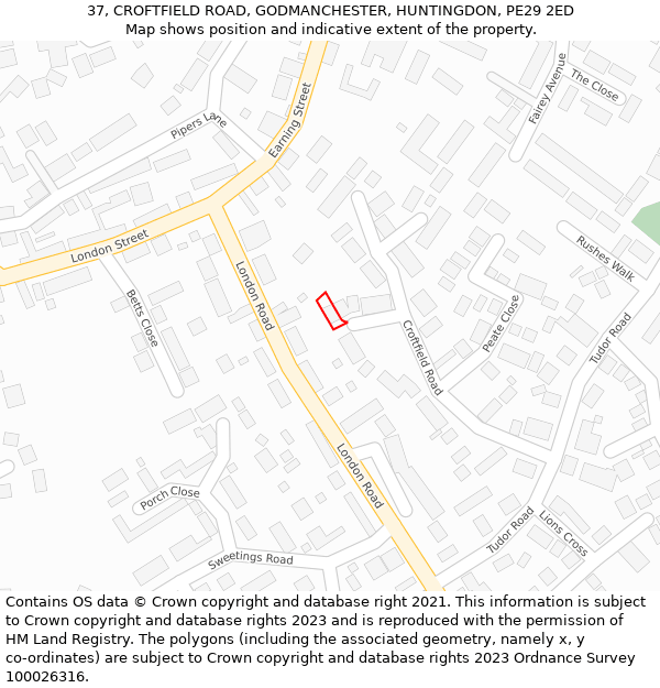 37, CROFTFIELD ROAD, GODMANCHESTER, HUNTINGDON, PE29 2ED: Location map and indicative extent of plot