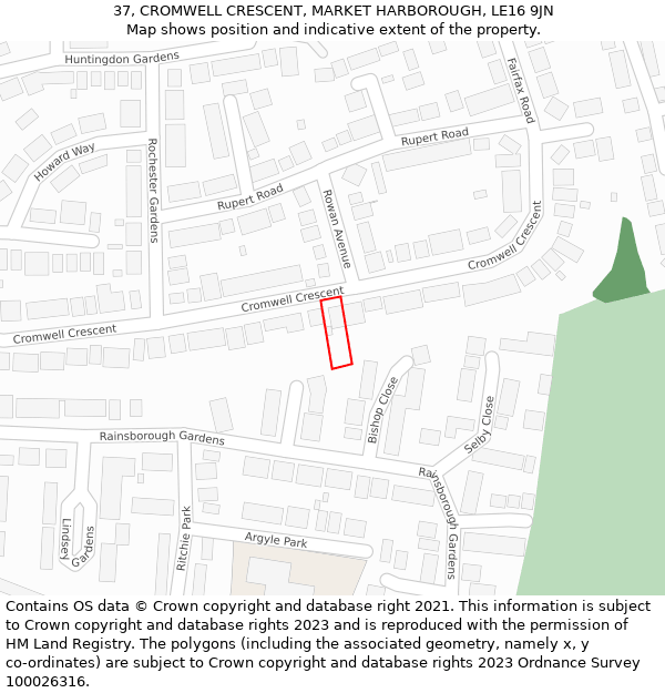 37, CROMWELL CRESCENT, MARKET HARBOROUGH, LE16 9JN: Location map and indicative extent of plot