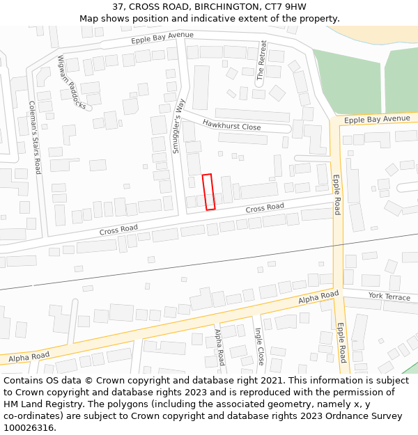 37, CROSS ROAD, BIRCHINGTON, CT7 9HW: Location map and indicative extent of plot