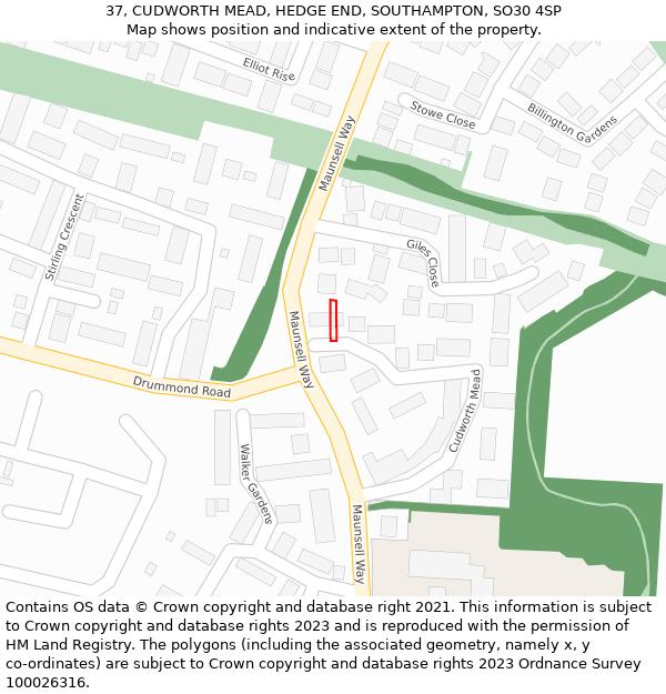 37, CUDWORTH MEAD, HEDGE END, SOUTHAMPTON, SO30 4SP: Location map and indicative extent of plot