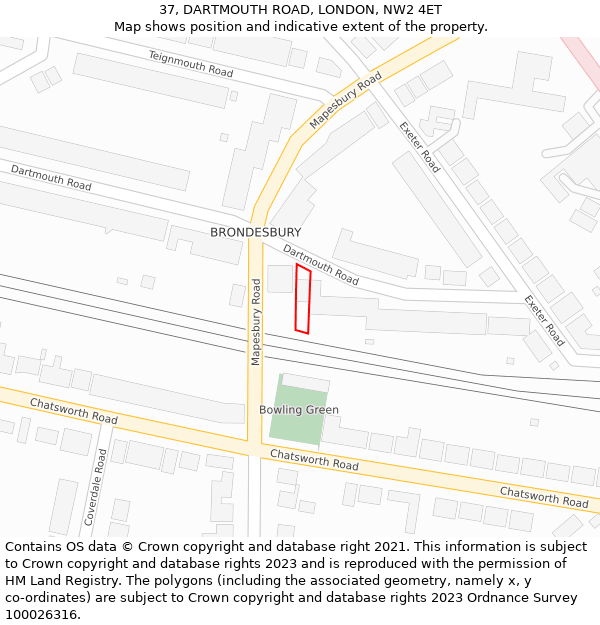 37, DARTMOUTH ROAD, LONDON, NW2 4ET: Location map and indicative extent of plot