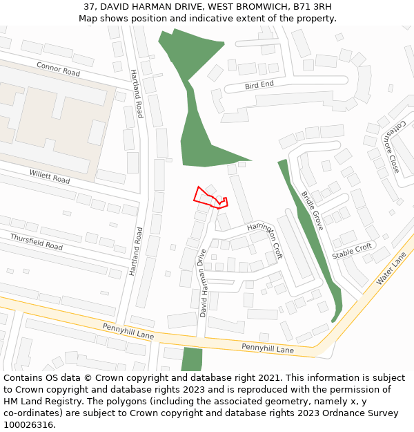37, DAVID HARMAN DRIVE, WEST BROMWICH, B71 3RH: Location map and indicative extent of plot
