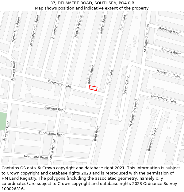 37, DELAMERE ROAD, SOUTHSEA, PO4 0JB: Location map and indicative extent of plot