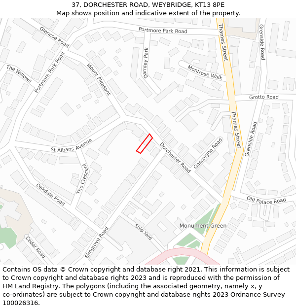 37, DORCHESTER ROAD, WEYBRIDGE, KT13 8PE: Location map and indicative extent of plot