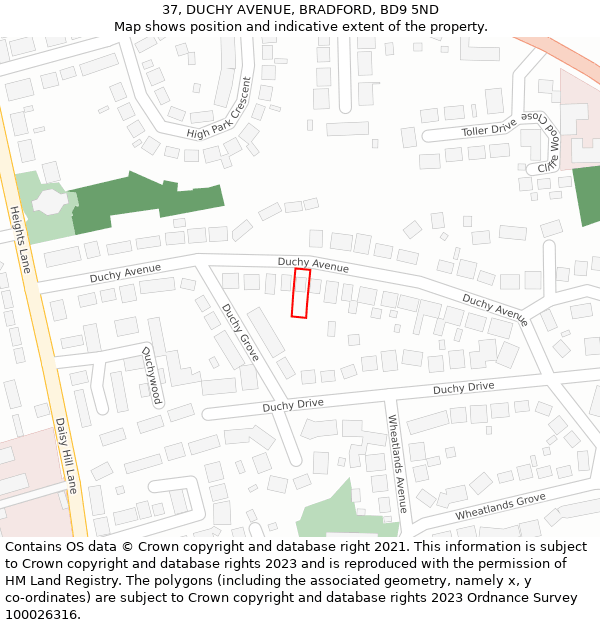 37, DUCHY AVENUE, BRADFORD, BD9 5ND: Location map and indicative extent of plot