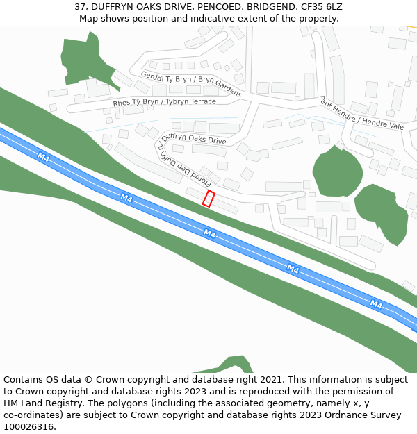 37, DUFFRYN OAKS DRIVE, PENCOED, BRIDGEND, CF35 6LZ: Location map and indicative extent of plot