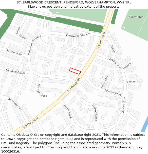 37, EARLSWOOD CRESCENT, PENDEFORD, WOLVERHAMPTON, WV9 5RL: Location map and indicative extent of plot