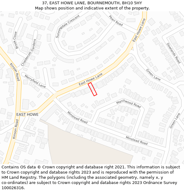 37, EAST HOWE LANE, BOURNEMOUTH, BH10 5HY: Location map and indicative extent of plot