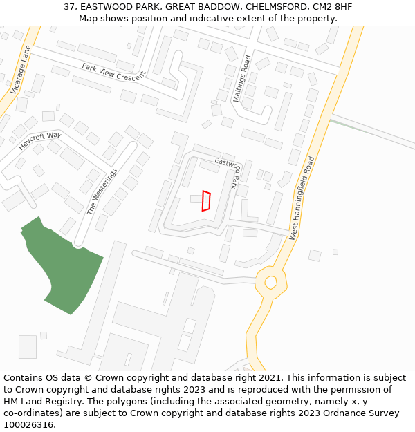 37, EASTWOOD PARK, GREAT BADDOW, CHELMSFORD, CM2 8HF: Location map and indicative extent of plot