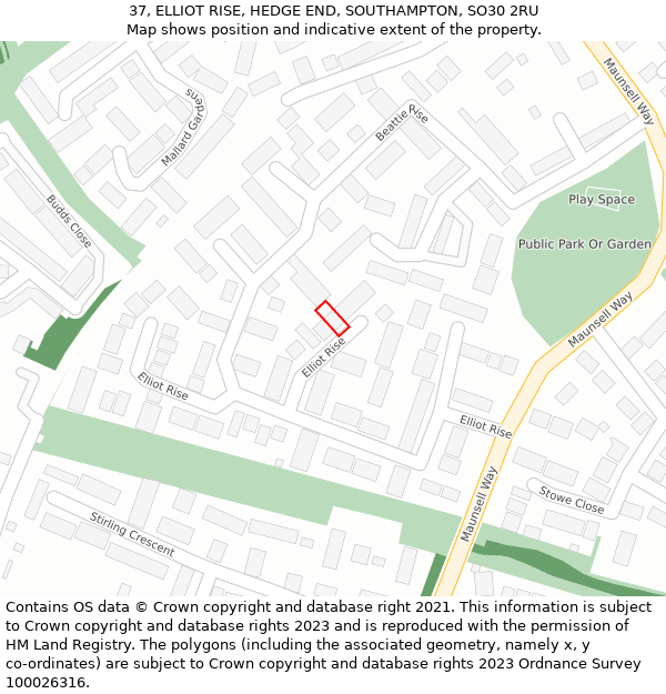 37, ELLIOT RISE, HEDGE END, SOUTHAMPTON, SO30 2RU: Location map and indicative extent of plot