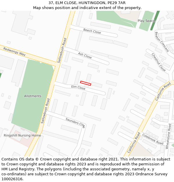37, ELM CLOSE, HUNTINGDON, PE29 7AR: Location map and indicative extent of plot