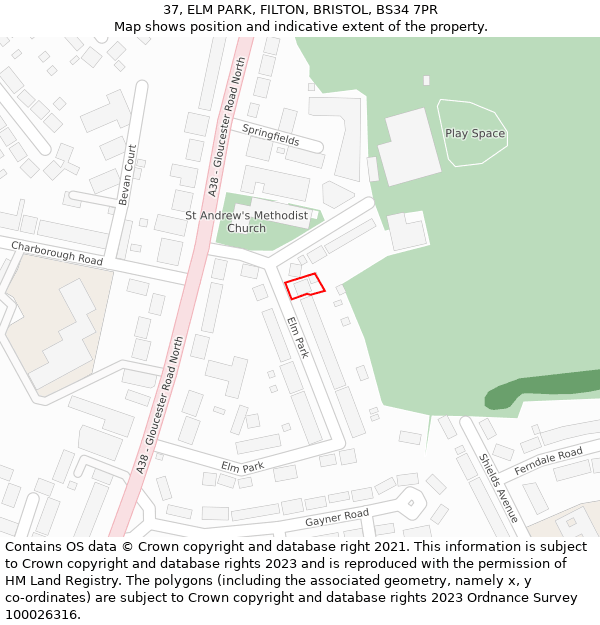 37, ELM PARK, FILTON, BRISTOL, BS34 7PR: Location map and indicative extent of plot