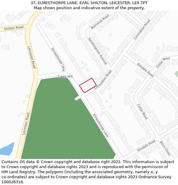 37, ELMESTHORPE LANE, EARL SHILTON, LEICESTER, LE9 7PT: Location map and indicative extent of plot