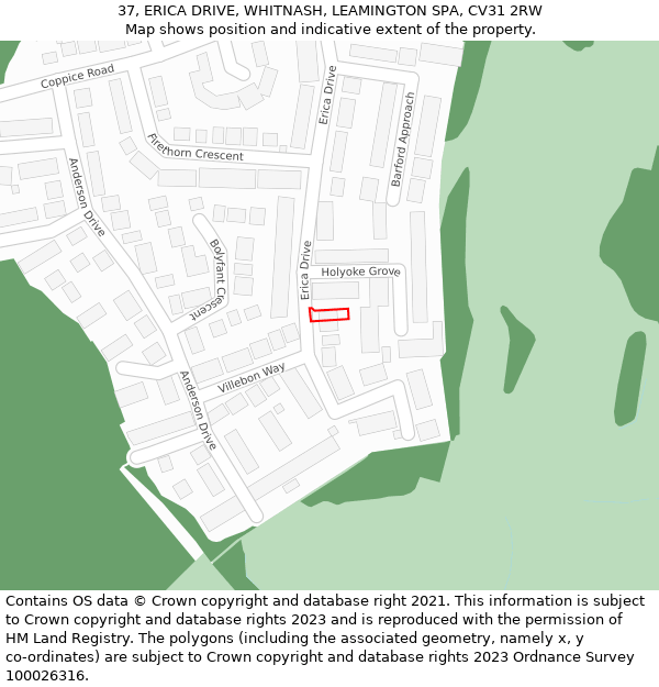 37, ERICA DRIVE, WHITNASH, LEAMINGTON SPA, CV31 2RW: Location map and indicative extent of plot