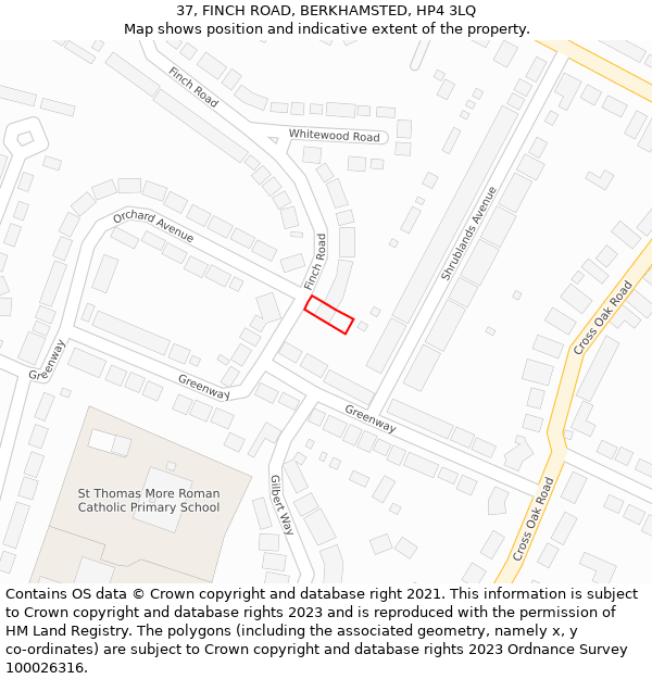 37, FINCH ROAD, BERKHAMSTED, HP4 3LQ: Location map and indicative extent of plot